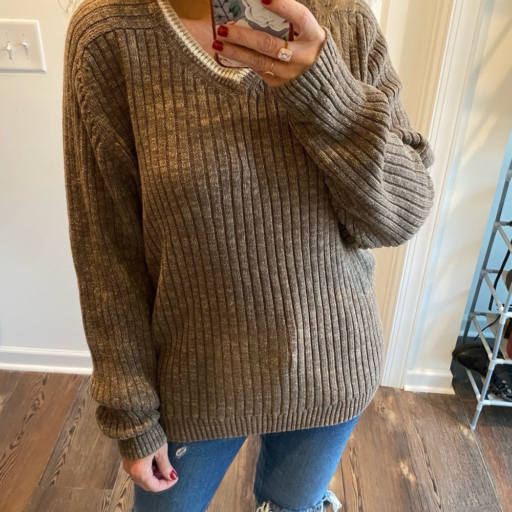 Vintage Ribbed linen Cotton V-Neck Grandpa Cozy Sweater brown Size XL Men’s